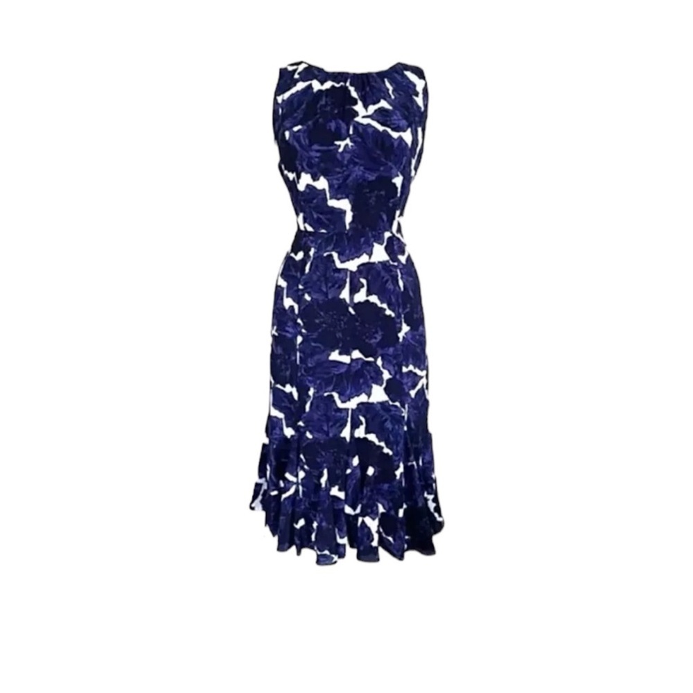 TALBOTS Fit & Flare Sleeveless Flounce Bottom Dress in Blue / White Print Size 2 - Picture 2 of 10